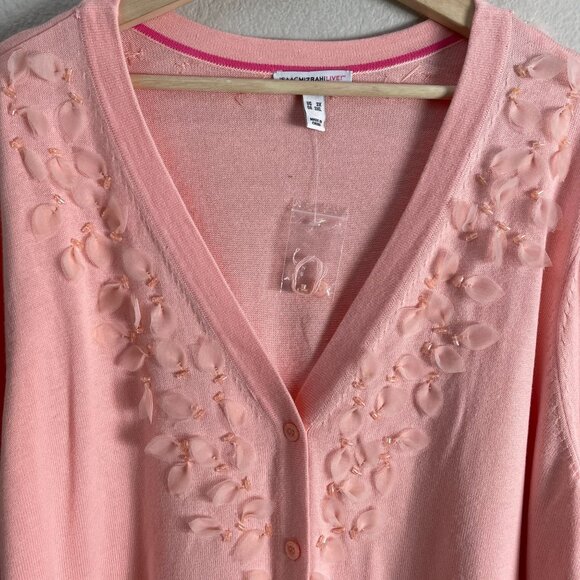 Isaac Mizrahi Live! Womens Plus 3X Pink Embellished Cardigan Floral Accents Knit - Picture 8 of 12